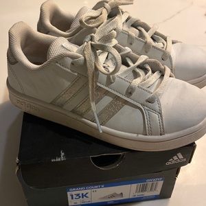Adidas grand court 13K pale blue/silver sparkly stripes, gently used,little girl